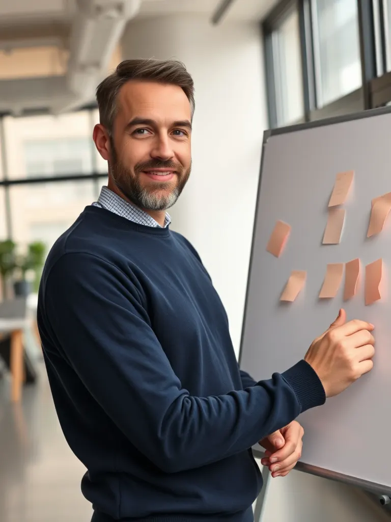 Marc, who led the platform team at Tramuntana Mobility, at a whiteboard in a bright open-plan office