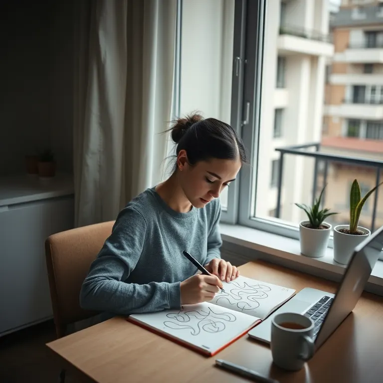 Ada at her desk by a tall window in her Barcelona flat, sketching in an open notebook, a cup of tea beside her