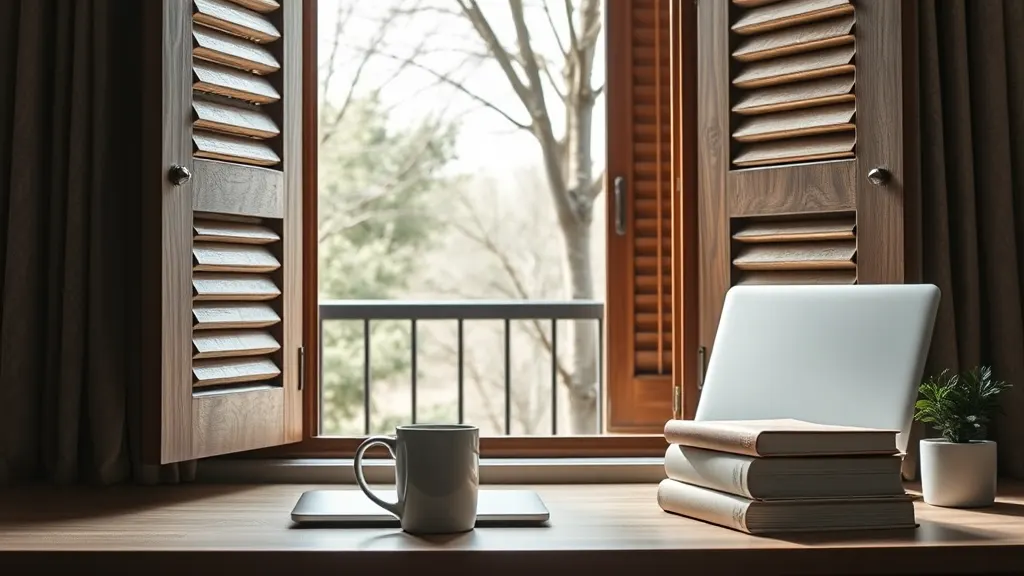 Ada's desk by the balcony window in the morning: a closed laptop, a mug and three books in a stack